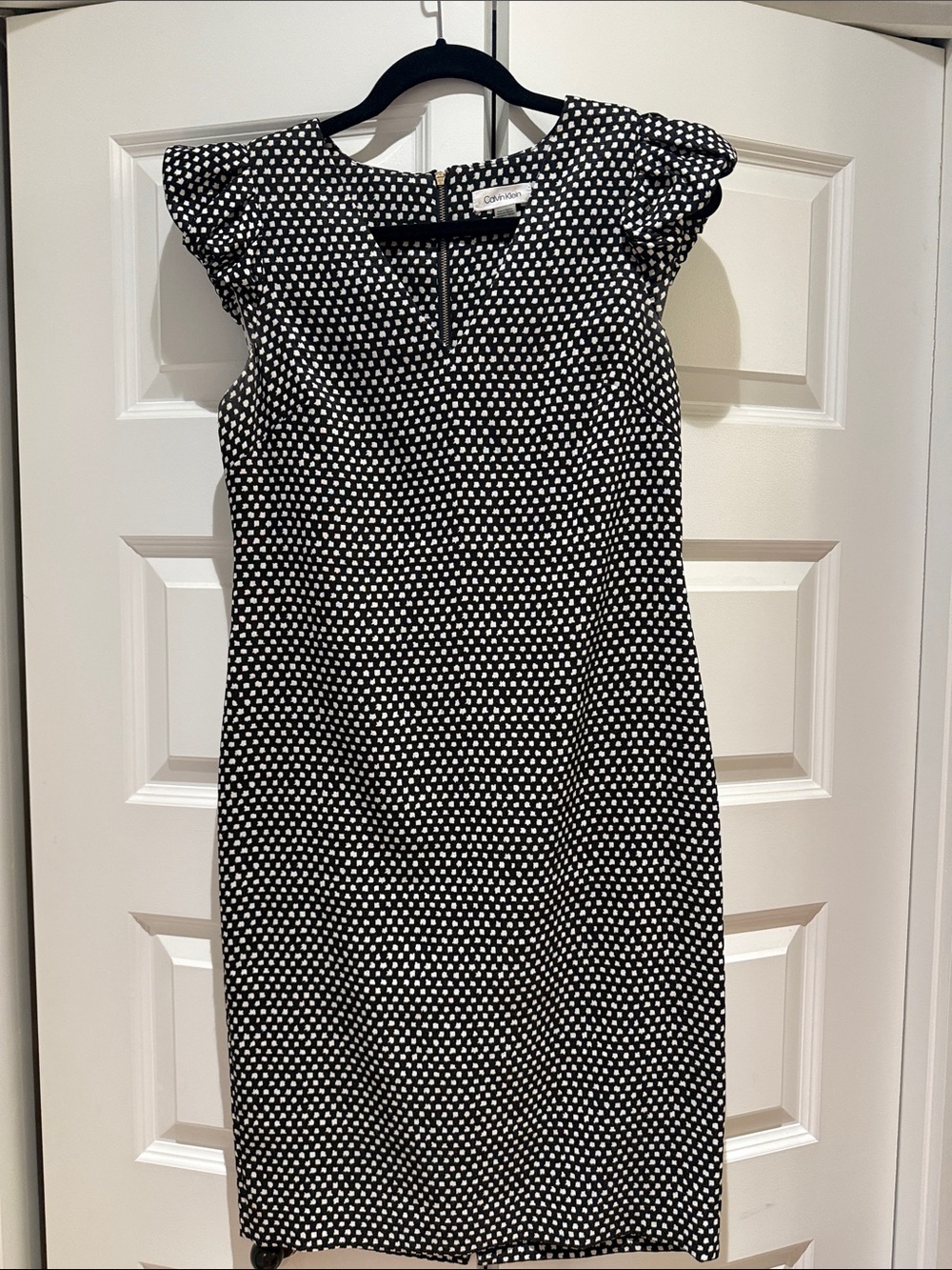 Calvin Klein Black Dress with White Spot Pattern and Ruffle Cap Sleeves